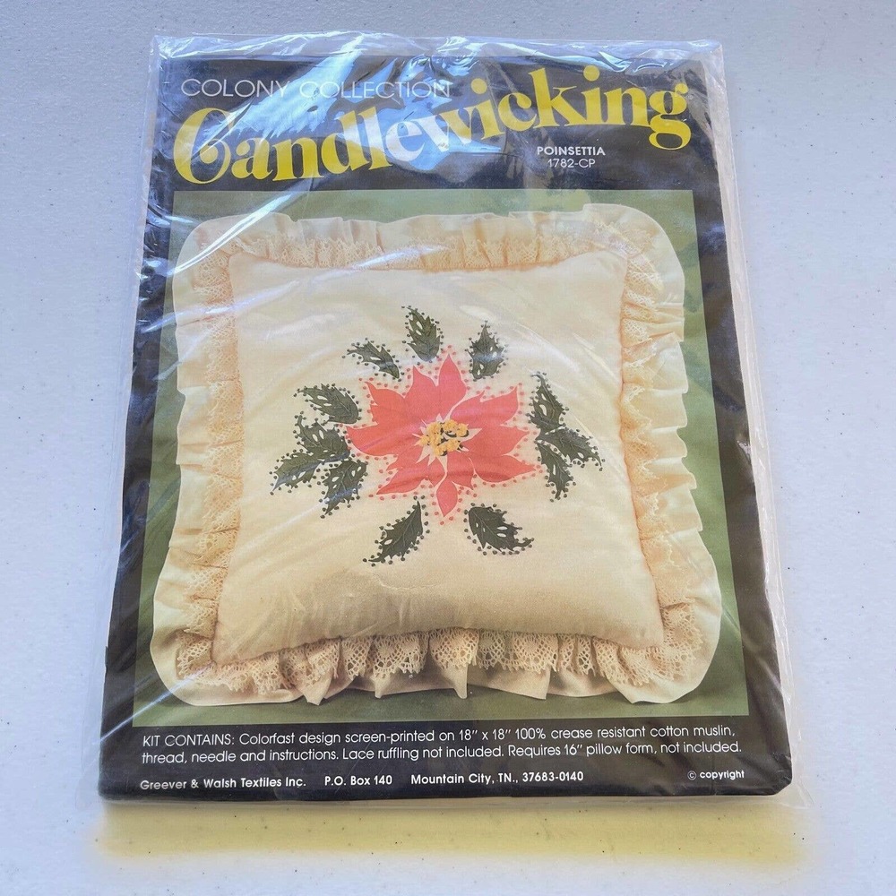 vtg colony collection embroidery kit candlewicking pillow poinsettia holiday